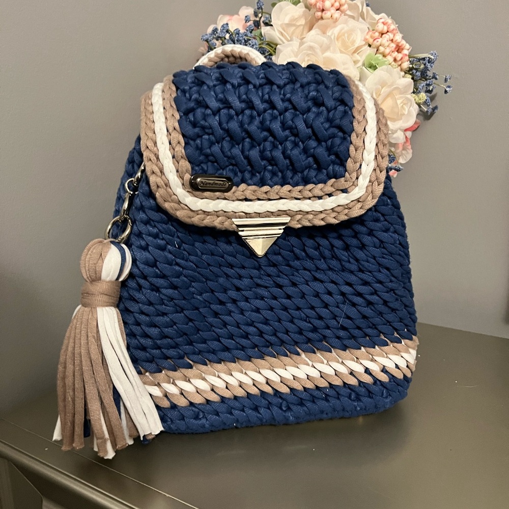 Blue and Tan Woven Backpack